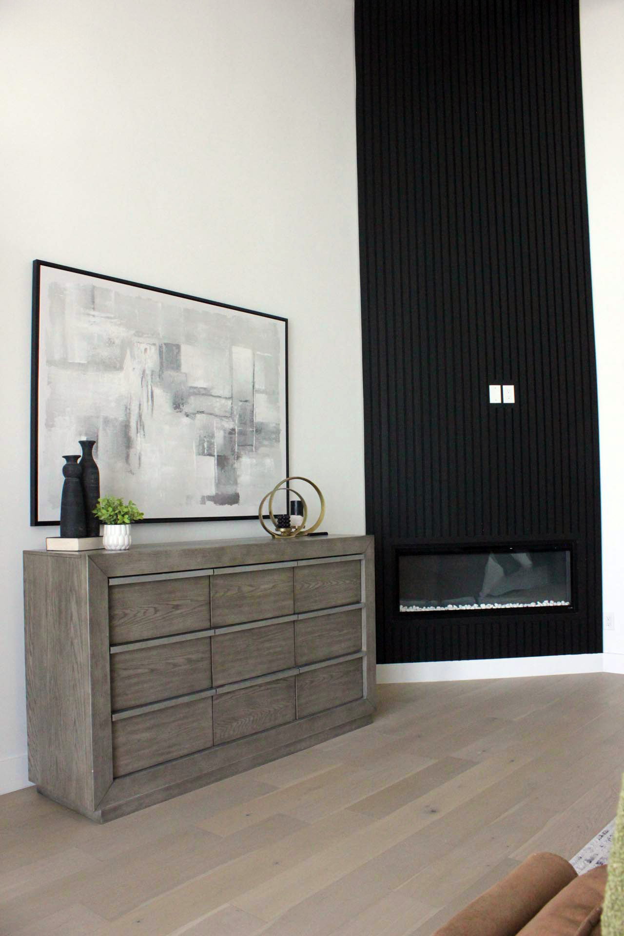 Wood dresser cabinet and wood accent wall