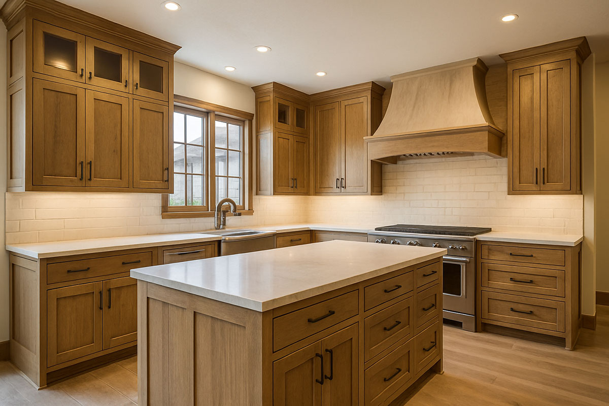 A newly constructed kitchen showcasing custom cabinetry tailored to the home's design