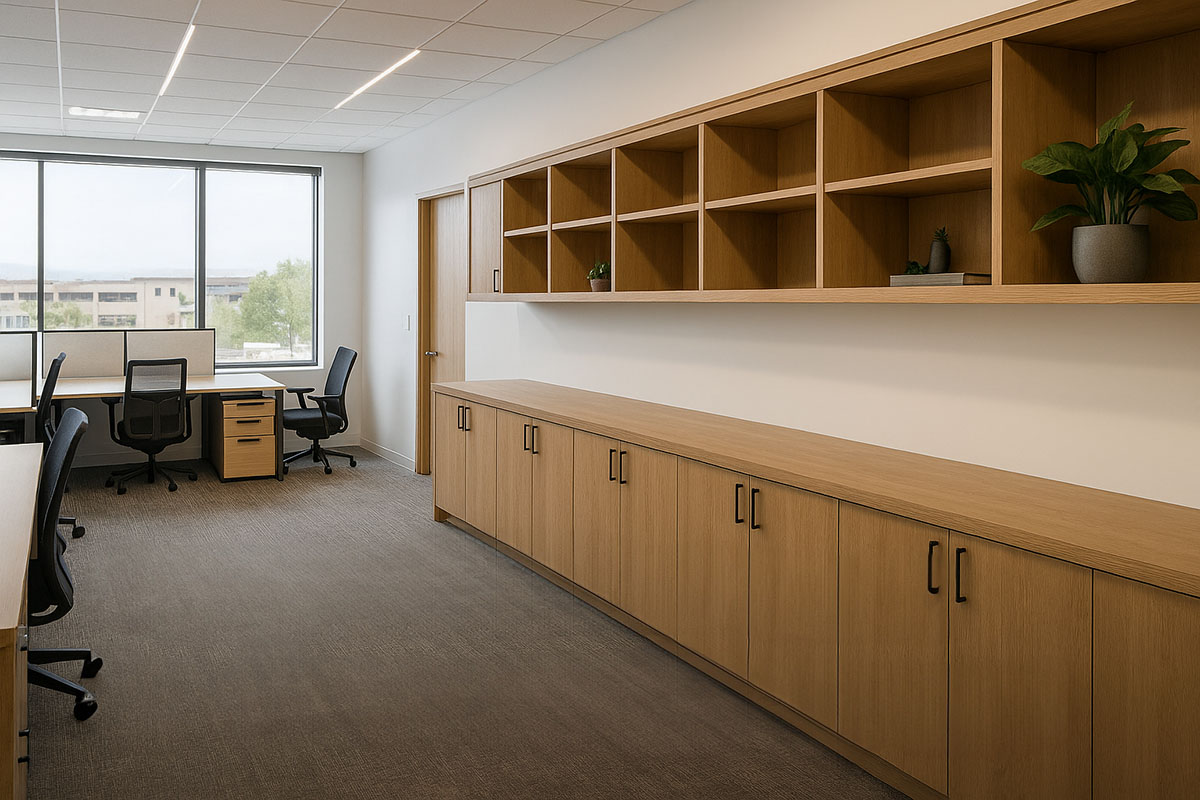 A sleek office breakroom featuring custom cabinetry designed for efficiency and style