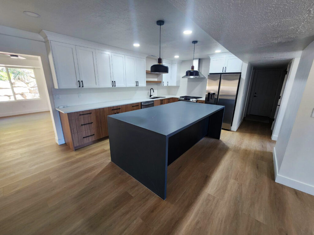 Apartment kitchen design with vargas cabinets in white, wood and charcoal 2