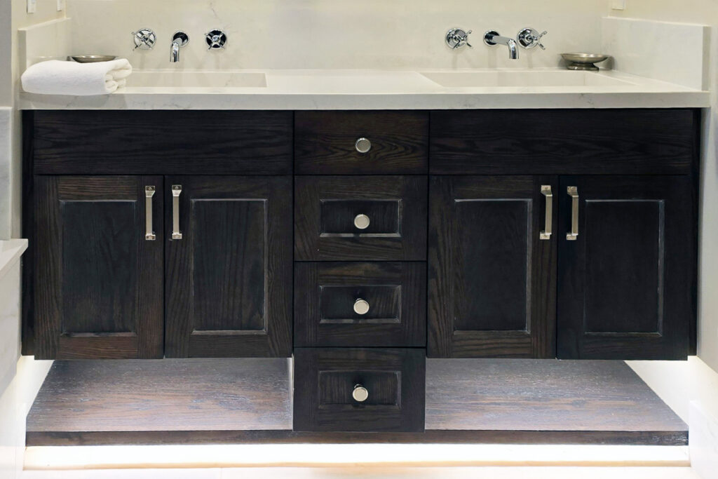 Wooden bathroom classic cabinet in charcoal with brass hardware